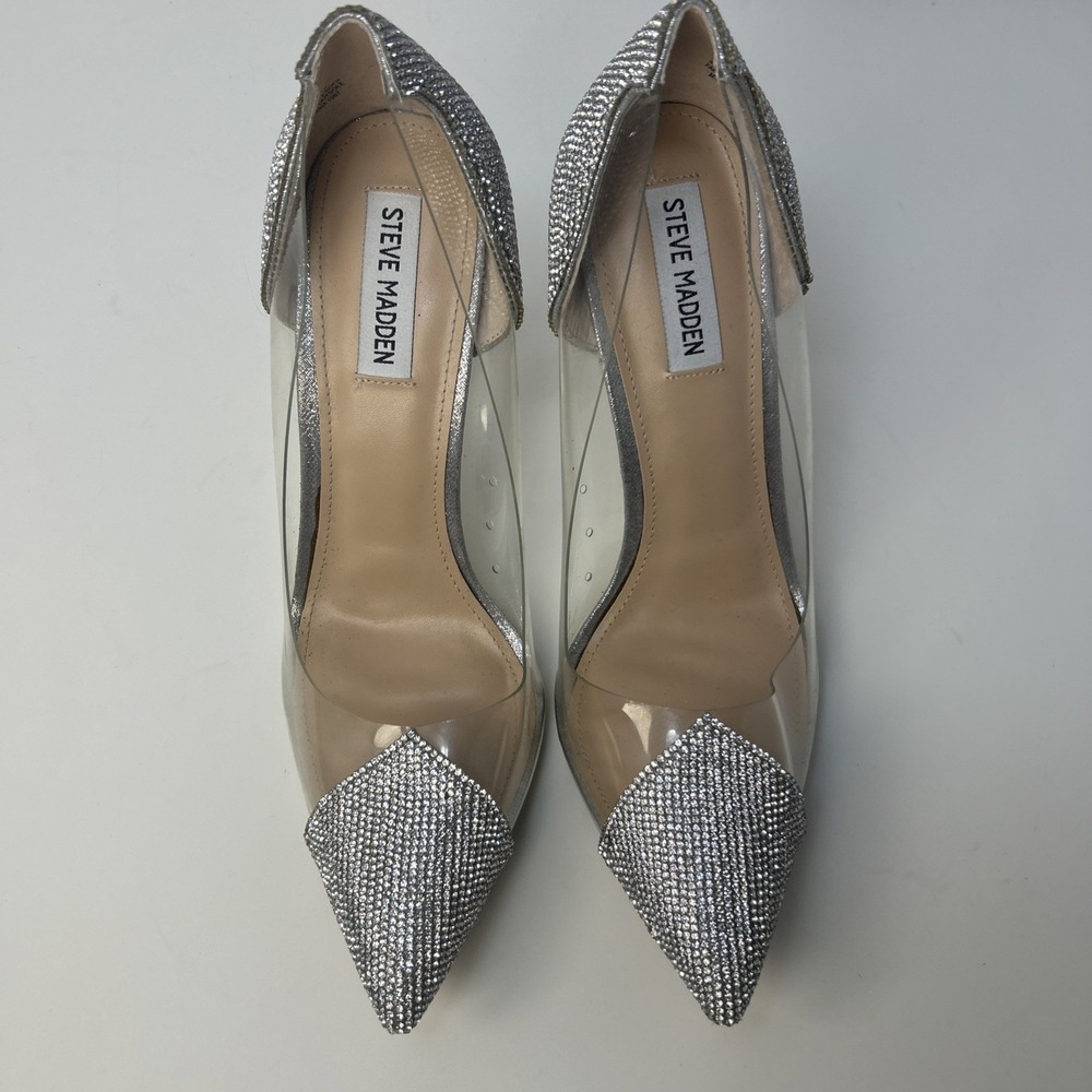 Steve Madden Malibu-R Rhinestone Clear Pumps Silver Stiletto Heels Size 10 M - Picture 4 of 10